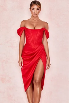 Красное атласное облегающее вечернее платье для рождественской вечеринки, женское платье для выпускного вечера с открытой спиной и вырезом лодочкой, женские сексуальные вечерние платья с разрезом