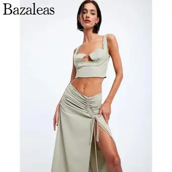 2023 bazaleas store traf Летние боковые завязки, юбка с разрезом посередине, юбки трапециевидной формы, летняя зеленая яркая юбка, официальная женская одежда