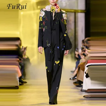 Fu Rui Новейший дизайнерский костюм для подиума 2023 года, Женский блейзер с цветочным принтом на одной пуговице, костюм с расклешенными брюками, 2 шт.
