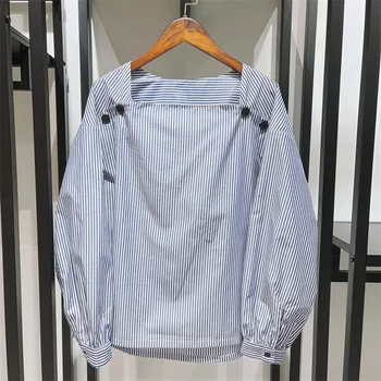 Южнокорейская новинка ранней осени, свободная рубашка с квадратным вырезом на четырех пуговицах и облегающая рубашка в полоску с открытыми плечами 22587