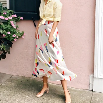 Летняя женская модная элегантная шифоновая юбка с принтом для пригородных поездок Женская юбка средней длины с высокой талией Ol Геометрическая Свободная юбка