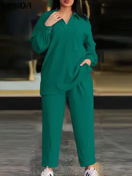 Женские костюмы 2023 VONDA Модные Весенние Повседневные костюмы с длинным рукавом, рубашка с V-образным вырезом, Свободные комплекты брюк, женские облегающие комплекты Оверсайз