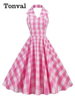 Tonval Розовое платье в клетку с принтом на бретельках, Вечерние платья на День рождения для женщин, винтажное платье в стиле Рокабилли с высокой талией и открытой спиной