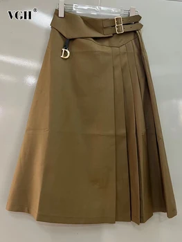 VGH, однотонный лоскутный пояс, минималистичная юбка для женщин, Высокая талия, сращенные складки, Повседневные юбки трапециевидной формы, женская модная одежда