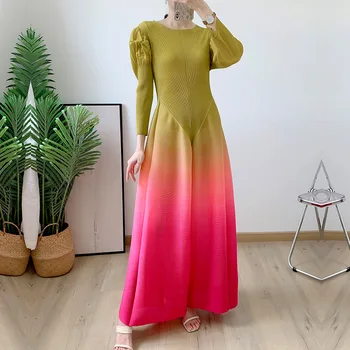 Платье-фонарь Miyake в складку, осень 2023, новая мода, платья с длинными рукавами и цветочным рисунком, женская одежда