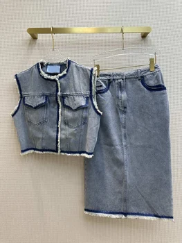 Новая джинсовая короткая меховая жилетка и джинсовая меховая юбка с высокой талией, полные юной жизненной силы и девичьего образа 6,8