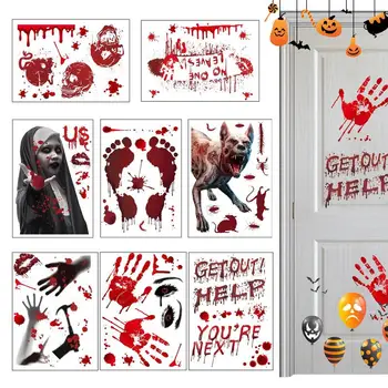 Кровавые наклейки ужасов Хэллоуина, 8 Листов, Кровавый Отпечаток руки, Наклейка на стену Ужасов Хэллоуина, Прилипает к Окну, полу.