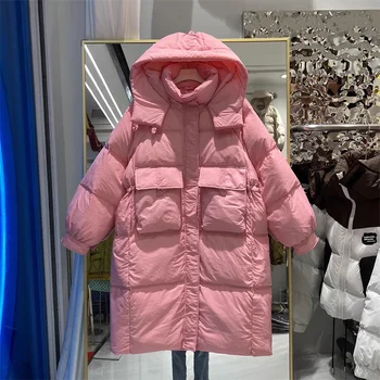 2023 Корейское женское пуховое пальто средней длины, Повседневный воротник-стойка, капюшон, Большой карман, Теплые пуховые парки с длинным рукавом, Желтый, Розовый, фиолетовый