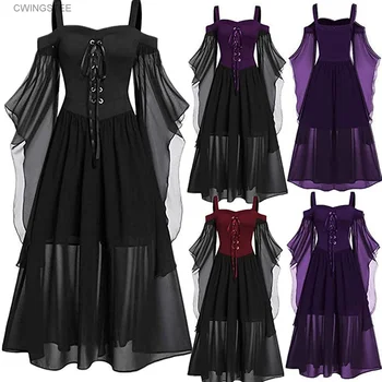 Женские костюмы для косплея ведьмы на Хэллоуин, готическая повязка с открытыми плечами, прозрачная сетка, длинное платье на бретелях трапециевидной формы, одежда для вечеринок