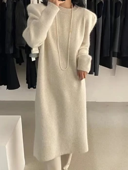 Женский свитер Корейской версии, осенне-зимнее элегантное платье с круглым вырезом, Длинный пуловер, однотонная модная Женская одежда