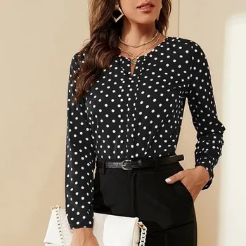 2023 Новая блузка в горошек, женская повседневная рубашка с V-образным вырезом и длинным рукавом, одежда больших размеров, белая блузка, женская рубашка для работы в офисе, топы