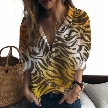 Весна и осень Новая женская рубашка Модный тренд Женская рубашка с леопардовым принтом Женская рубашка с 3D принтом Женская рубашка в диком стиле