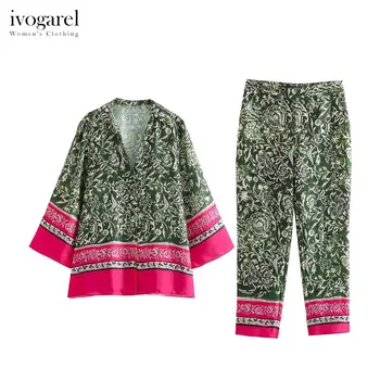 Комплект из рубашки с принтом большого размера Ivogarel и брюк по щиколотку, женская рубашка с V-образным вырезом и брюки с высокой посадкой на эластичном поясе