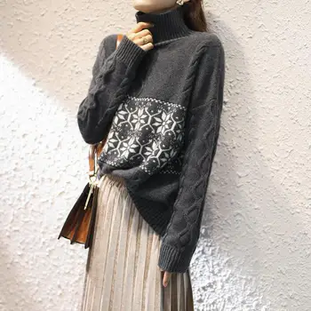 Корейские жаккардовые свитера, женский Осенне-зимний модный вязаный джемпер с высоким воротом, женский пуловер свободного кроя, базовый свитер U1108