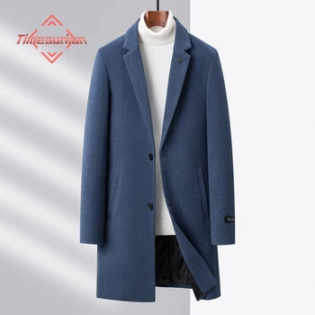 Деловое Повседневное однобортное мужское шерстяное пальто Зима 2023, темно-синяя куртка, мужская длинная шерстяная ветровка с отложным воротником,