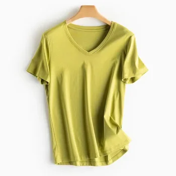 Бесплатная доставка, Женская футболка из 6% шелка, мерсеризованный хлопок, V-образный вырез, Рубашки свободного кроя с коротким рукавом, дышащие повседневные футболки, однотонные топы.