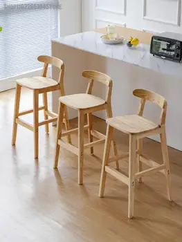 Барный стул из массива дерева Бытовой Высокий табурет Современный Простой Барный стул со спинкой для стойки регистрации в магазине молочного чая Nordic Vintage