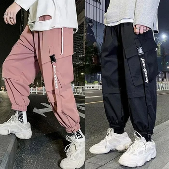 Брюки-карго, мужские модные свободные повседневные брюки, мужские розовые спортивные брюки в стиле хип-хоп, Японская уличная одежда, Черные спортивные брюки