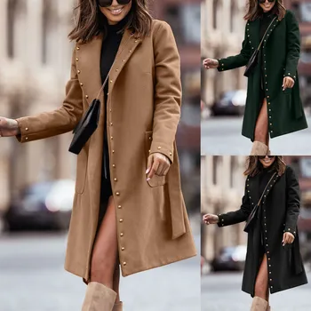 Женское повседневное однотонное пальто с длинными рукавами и отложным воротником на двух пуговицах, пальто с поясом