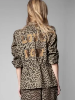 Женское пальто с буквенным леопардовым принтом на спине, Длинный рукав, Воротник-стойка, Мода 2023, Осенне-зимняя куртка