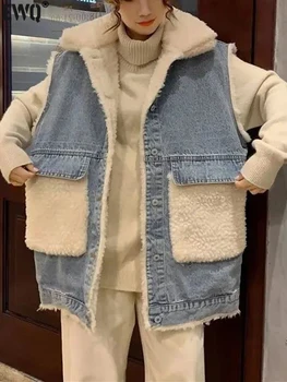[EWQ] Джинсовый жилет в стиле пэчворк из овечьей шерсти, модная толстая осенняя куртка без рукавов Tide 2023, женские жилеты с большими карманами