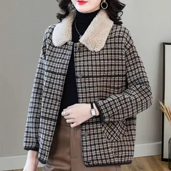 Женское осеннее пальто, плюшевое винтажное пальто в клетку, женская теплая однобортная куртка с лацканами, двусторонняя вязка, осень-зима, тепло.