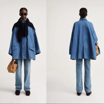 TOTEM@E JACKET 2023, Новая женская джинсовая куртка средней длины из мягкого синего хлопка трапециевидной формы с заниженными плечами