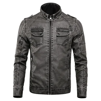 Зимняя теплая мужская куртка из искусственной кожи, флисовая мотоциклетная куртка из искусственной кожи со стоячим воротником, ветрозащитное байкерское гоночное пальто на молнии