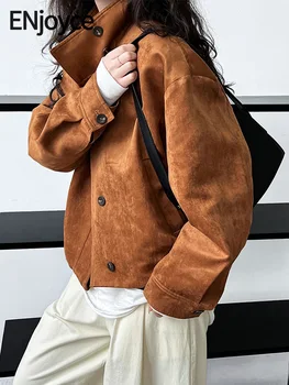 Наслаждайтесь Женскими Винтажными коричневыми замшевыми куртками в Корейском стиле, модными Городскими повседневными однобортными короткими пальто, верхняя одежда 2023 Осень