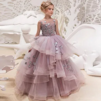 Новые свадебные платья для девочек в цветочек, пачка принцессы с бабочкой, кружевная аппликация, винтажное платье для первого причастия для девочек