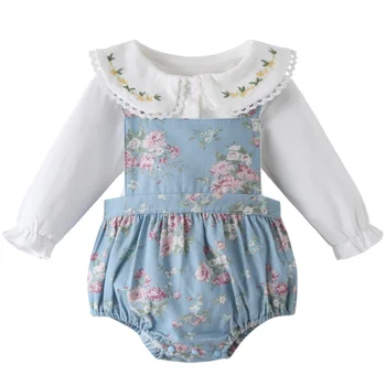 Осенний комбинезон для маленьких девочек, Комплект одежды, комбинезон с цветочным принтом, Кружевная вышивка, Однотонная рубашка Принцессы, 2 шт., детский костюм