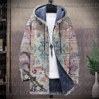 Мужское плотное плюшевое пальто с длинными рукавами и цветочным принтом в стиле ретро, флисовое пальто с капюшоном, толстая теплая куртка унисекс