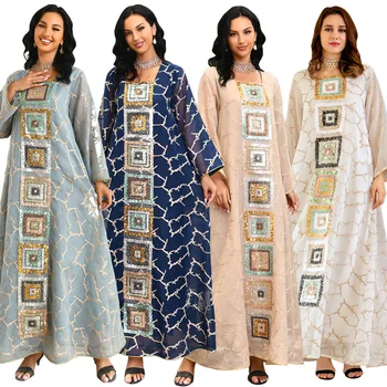 Марокканский кафтан, роскошное модное платье Макси с квадратным воротником, расшитое блестками, арабская женская одежда Рамадан Джалабия 2023