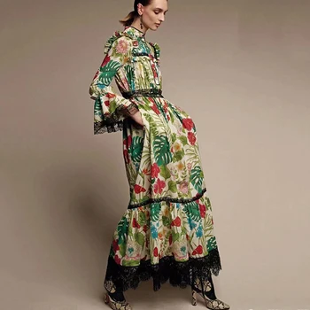2023 Осеннее новое курортное стильное темпераментное тонкое женское длинное платье со стоячим воротником, кружевное сращивание, позиционирование, платья с принтом y2k