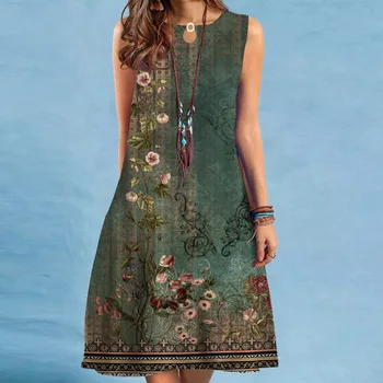 Женское модное летнее милое винтажное платье трапециевидной формы с цветочным принтом без рукавов 2023 года