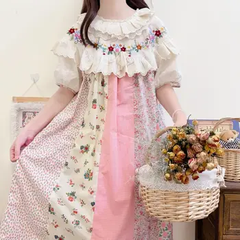 Милое платье в розовый цветок с короткими рукавами и свободной вышивкой, летнее французское платье Миди в стиле ретро
