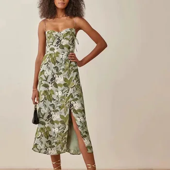 Зеленое женское платье с цветочным принтом French 2023 Summer New Holiday Slim Ladies Sexy Green Split Slip Midi Dresses