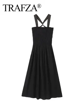 Модное женское платье средней длины с рюшами и эластичной талией, без рукавов, без спинки, женское летнее черное платье на бретелях-перекрещиваниях