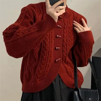 2023 Корейский осенне-зимний вязаный кардиган с круглым вырезом и изгибами, женский модный Новый свитер, кардиган на пуговицах, женское пальто