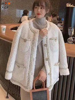 Элегантные твидовые куртки больших размеров из плотного бархата для женщин, зимние однобортные пальто с круглым вырезом, Темпераментная Свободная верхняя одежда