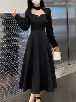 Элегантное женское платье с длинным рукавом, уличное платье во французском стиле, Тонкий Миди, Винтажный квадратный воротник, 2023, Новое осенне-зимнее платье