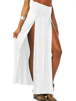 2023 Новое поступление, Летняя Однотонная Длинная юбка Макси, эластичная, с высокой талией, сексуальная женская пляжная юбка с двусторонним разрезом, расклешенная по бокам