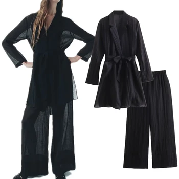 Elmsk, Французский модный женский комплект, Простая черная прозрачная длинная рубашка, Свободные повседневные брюки, женский комплект из двух предметов