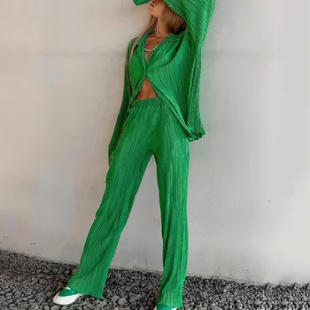 Женские свободные плиссированные широкие брюки с длинным рукавом, комплект из двух предметов, осенний сексуальный дизайнерский повседневный костюм, горячая распродажа, лучшая мода