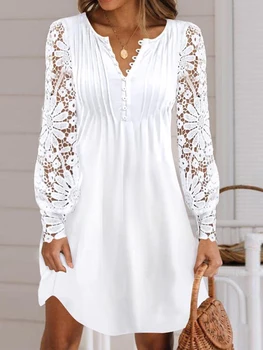 Белое мини-платье Женское Летнее Элегантное платье Женское Модное платье с круглым вырезом и пуговицами Женское Кружевное открытое платье с длинным рукавом