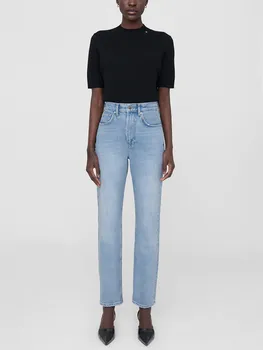 Женские узкие синие джинсы, универсальные женские джинсовые брюки из 100% хлопка для пригородных поездок с высокой талией