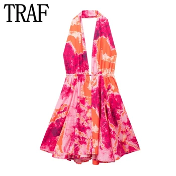 Мини-платье на бретельках с принтом TRAF, женское сексуальное платье с открытой спиной, женские летние короткие платья с открытыми плечами для женщин, пляжные платья для вечеринок
