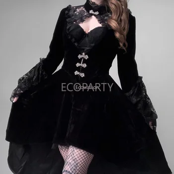 Черное платье в стиле Лолиты с длинными рукавами и высокой талией, Винтажное кружевное вечернее платье в готическом стиле, женское платье для женщин