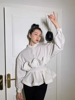 Элегантная Женская плиссированная блузка в стиле пэчворк с рюшами, воротник-стойка, длинный рукав, Корейская блузка-туника, новинка Женской моды