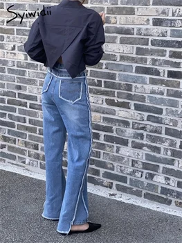 Синие джинсы Syiwidii для женщин 2023, Новая мода, винтажные джинсы с разрезом и высокой талией, уличная одежда, расклешенные джинсы полной длины